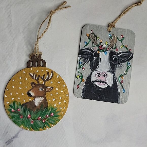 Set of 2 Handpainted Deer & Festive Cow ornaments - Picture 2 of 3